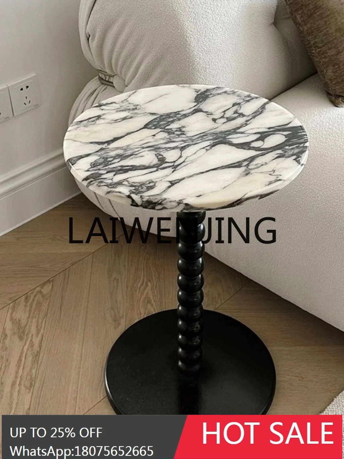 

French marble edge table solid wood luxury stone bedside sofa furniture small apartment round coffee table