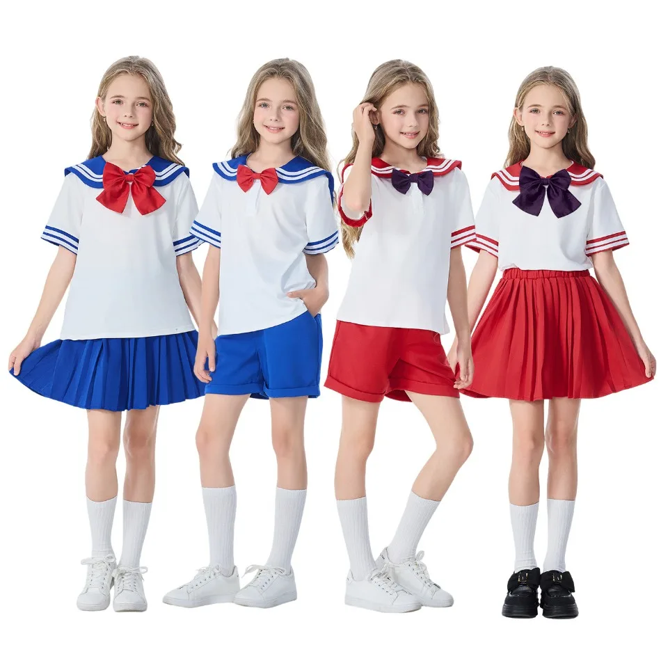 Girls Boys Navy Style Sailor Costume Kids Bow Knot Top Pleated Skirt School Chorus Performance Uniform Stage Show Outfit PS66