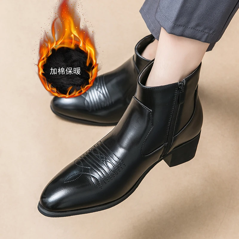 

2025 классические черные брендовые мужские ботинки с острым носком и боковой молнией для зимних мужчин, удобные флисовые и теплые высокие хлопковые туфли