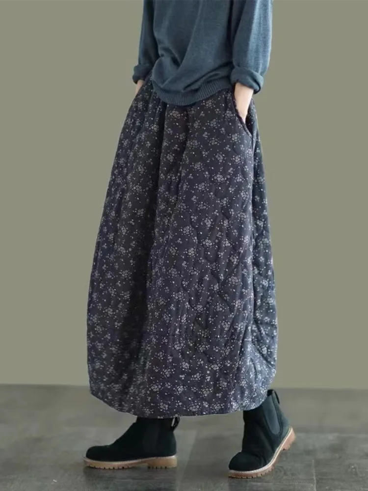 

Casual Floral Cotton Lined Thiened Mid-Length A-Line Skirt Women's Winter Elastic Waist Age-Defng Leisure f Skirt