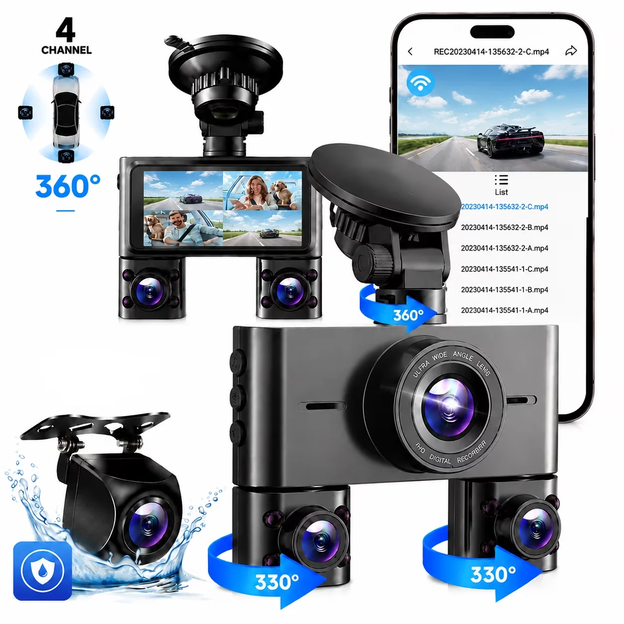 HUPEJOS 360°V7-4CH Dash Cam Front and Rear Inside FHD1080Px4 Built-in Wi-Fi WDR Night Vision Voice Control 24H Parking Mode