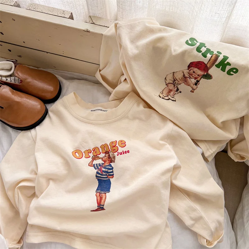 Children T Shirts Long Sleeve Tops for Kids Cartoon Girls Blouse Boys Tees Beige Color Toddler Outfits Fashion Clothing