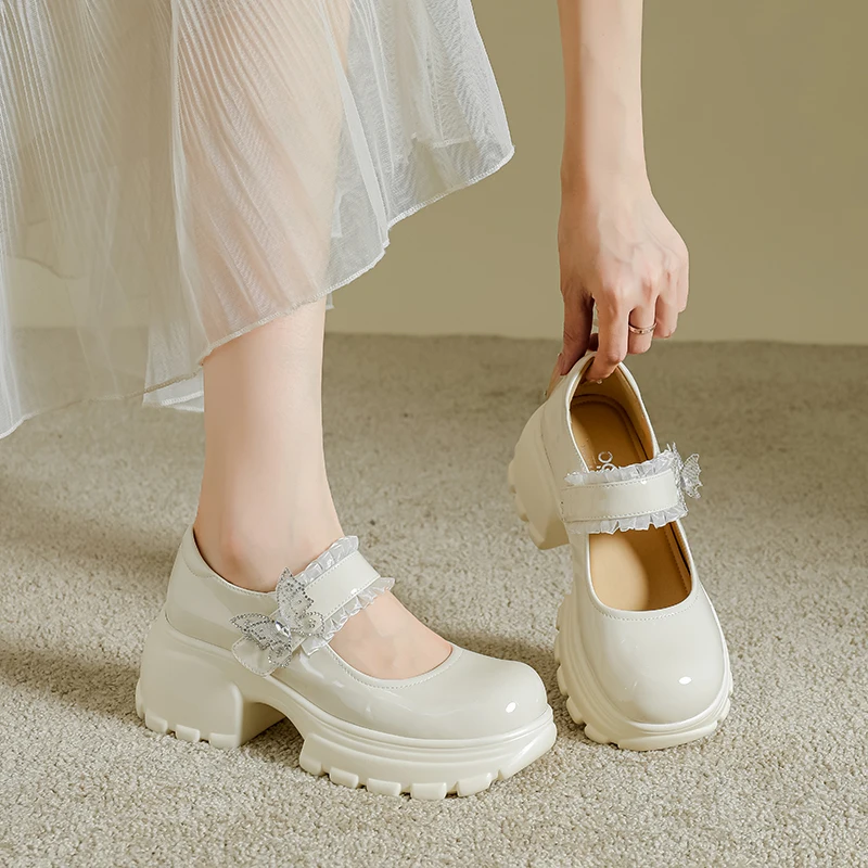 Sepatu Kulit Wanita dengan Renda Prancis dan Rok, Sepatu Mary Jane Bersol Tebal dengan Hak Tebal