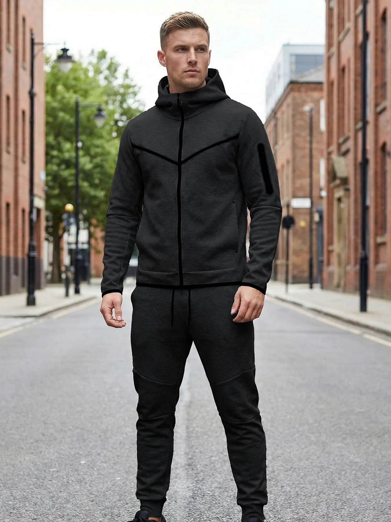 2-teiliger Herren-Sportanzug für Frühling und Herbst, Kapuzenjacke mit Reißverschluss und Jogginghose, lässiger Alltags-Sportanzug für Männer im Freien – Detail 26