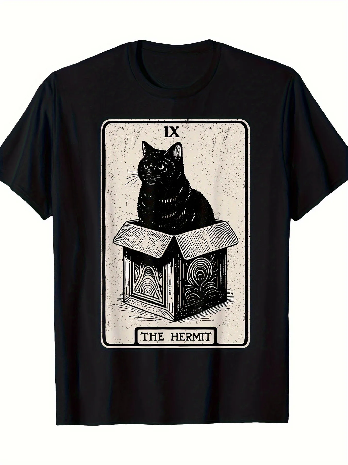 Vintage Men's Black Graphic T-Shirt Black Cat Printed in Cardboard Box Distressed Tarot Card Style Letter Print 100% Cotton Heavyweight Short Sleeve Casual Streetwear Tee