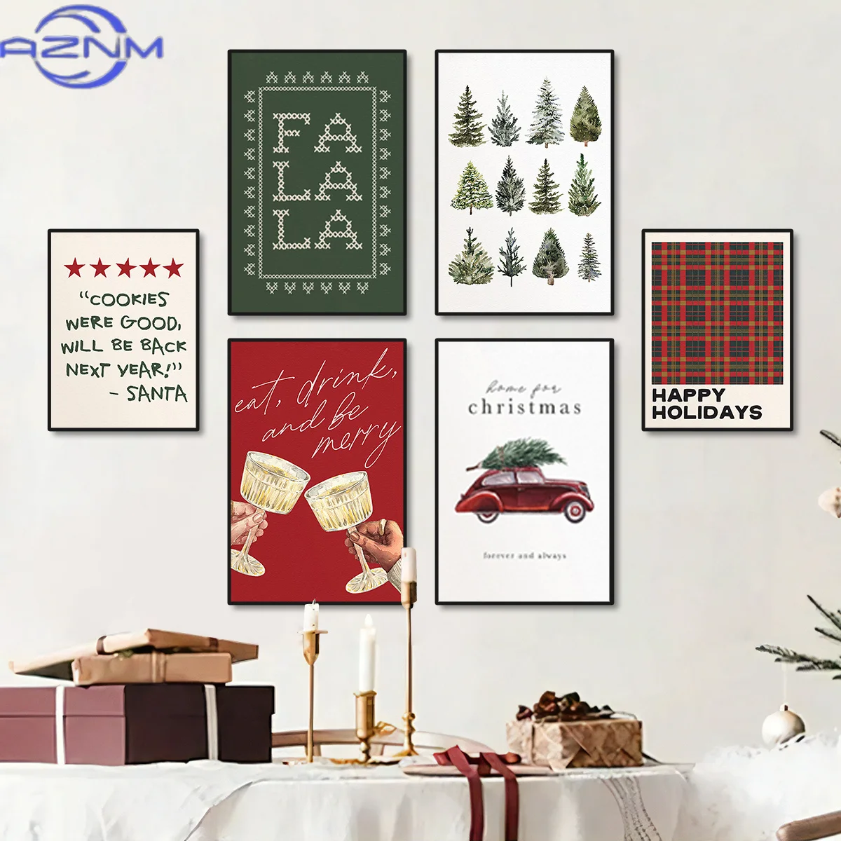 Retro Christmas Tree Car Canvas Prints Merry Christmas Holiday Slogan Wall Art Poster for Modern Living Room Bedroom Home Decor