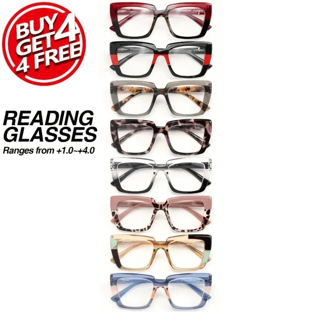 8Pack Fashionable Rectangular Reading Glasses with Retro Print and Color Clash Design, High Quality Spring Hinges for Women Suitable for Halloween and Christmas Gifts