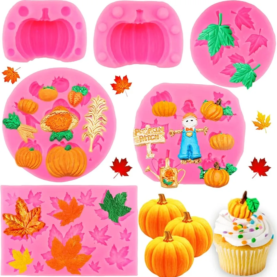 

6Pcs 3D Pumpkin Mold Fall Maple Leaf Silicone Mold Mini Pumpkin Scarecrow Shape Chocolate Mold Halloween Thanksgiving Cake Mold