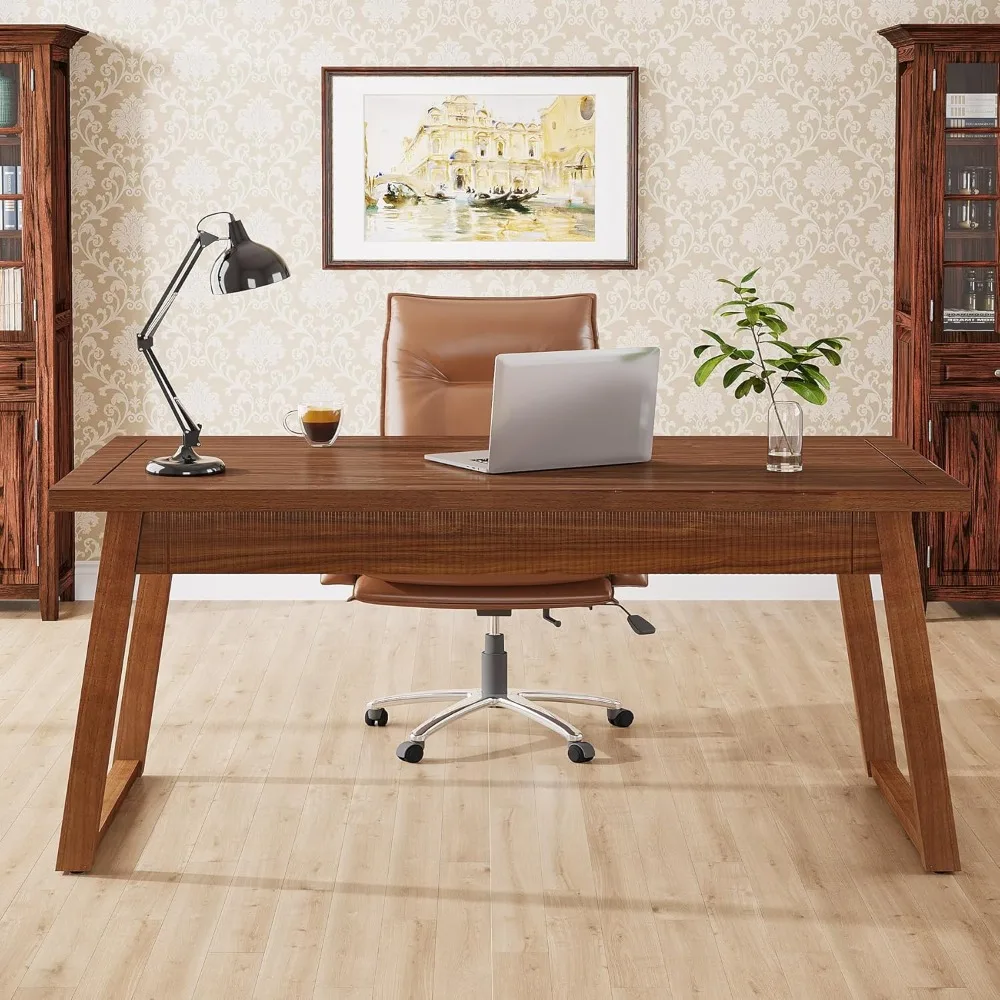

Home Office Executive Desk: Wooden Computer Desk with Drawer, Mid-Century Modern Study Writing Table, Rustic PC Laptop Desk