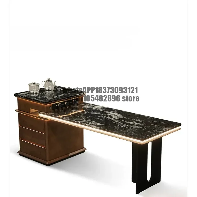 Solid wood inlaid with cosmic black, natural luxury stone island, integrated ambient light, villa/living room designer furniture