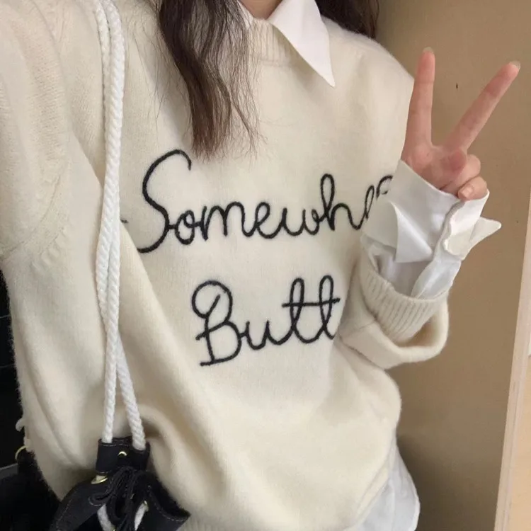 Korejpaa Korean Fashion Sweaters Women Gentle Letter Embroidery Pullover Clothes Knitwear Round Neck Long Sleeve Top Pull Femme