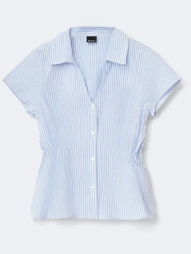 

Модная повседневная блузка в полоску с V-образным вырезом для женщин, элегантный топ с коротким рукавом, присборенной талией, синий, на пуговицах, весенний офисный наряд 2026