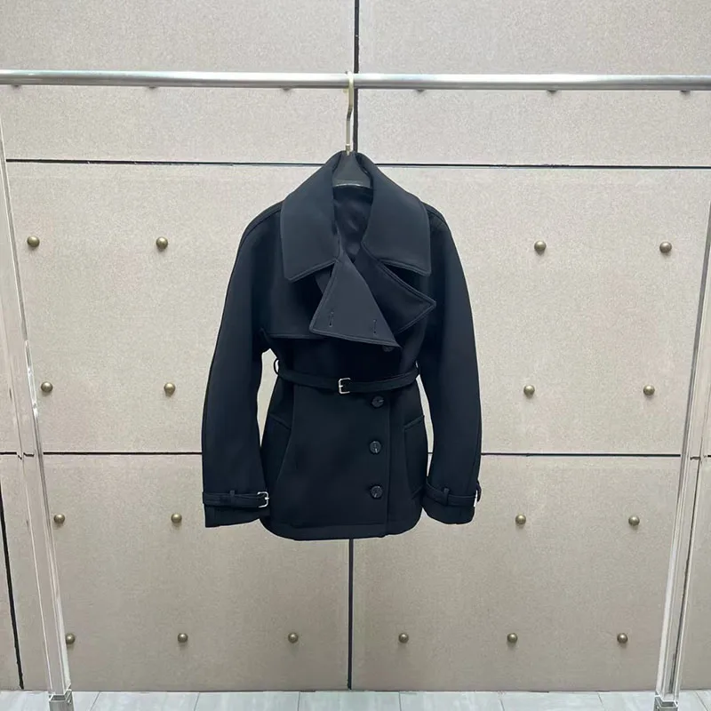 

Женский короткий плащ с воротником с лацканами, черный топ с поясом, двубортная повседневная куртка с поясом, 2025