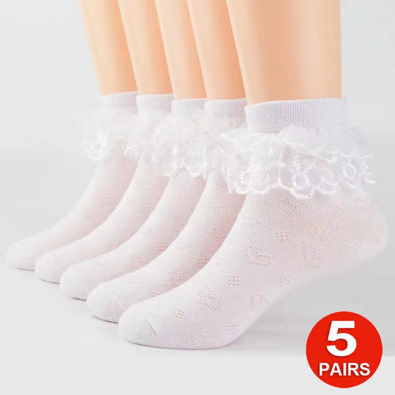 

5 Pairs Baby Girls Lace Ruffle Frilly Princess Ankle Socks Lot Kids Children White School Dance Socks Spring