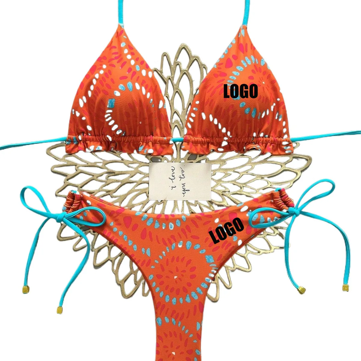 

Customized LOGO women's European and American new orange printed strap bikini split swimsuit vacation swimsuit