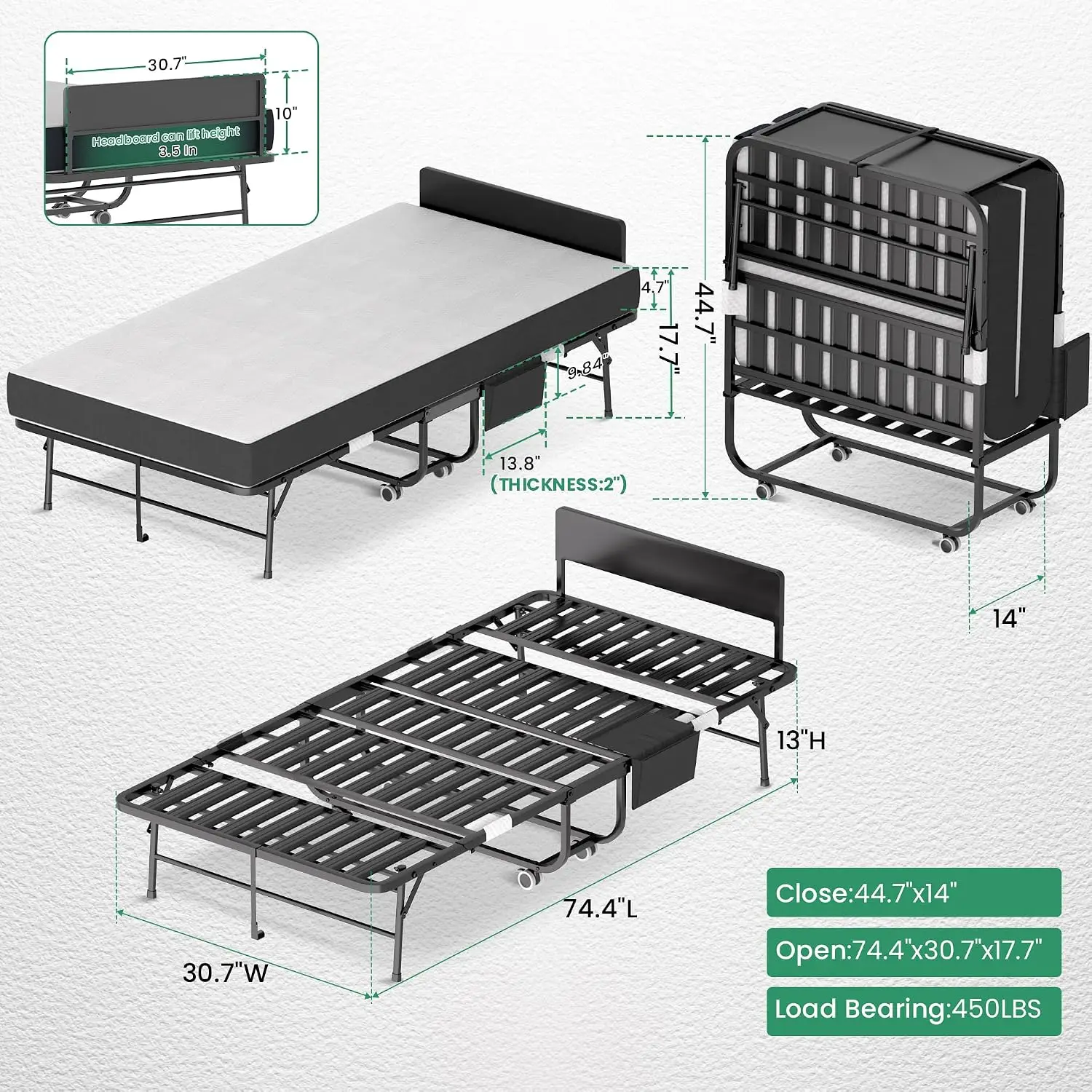 Folding Bed with Mattress,Rollaway 5-Inch Memory Foam Foldable Guest Bed for Adults,500lbs Capacity with Storage Cover, Custom