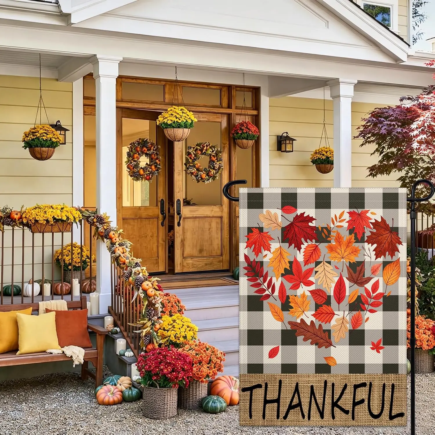 Thankful Fall Garden Flag 12x18 Inch Double Sided Autumn Maple Leaf Love Heart Yard Flag Thanksgiving Sign for Indoor Outdoo uui