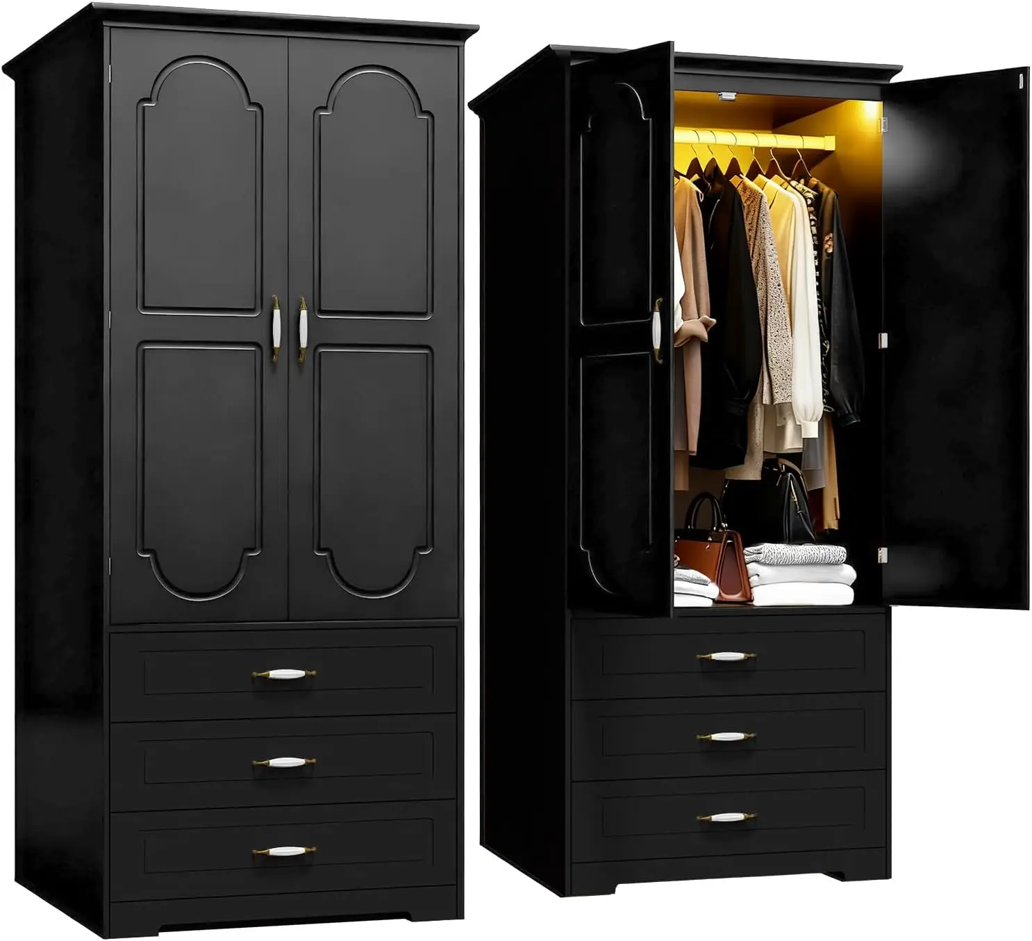 Armoire Wardrobe Closet with and LED Light  Wooden Bedroom Armoire with 2 Doors and Retro Ceramic, Customized