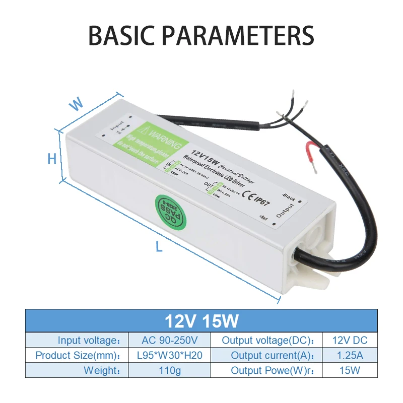 Lighting Transformer 90-250V AC to DC 12V 15W 1.25A LED Driver Adapter Aluminum IP67 Outdoor Waterproof Switching Power Supply