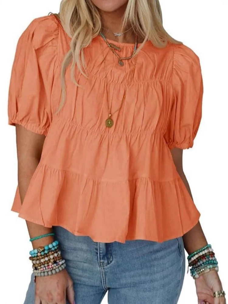Women's Puff Sleeve Ruffled Blouse Round Neck Tiered Ruffle Loose Fit Short Sleeve Casual Summer Top Multi Colors