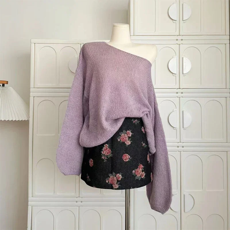 

Women Two Piece Suit Vintage Long Sleeve Purple Sweater with A-Line Mini Skirt Vintage Y2k Skirt Sets Elegant 2000s Clothes 2024