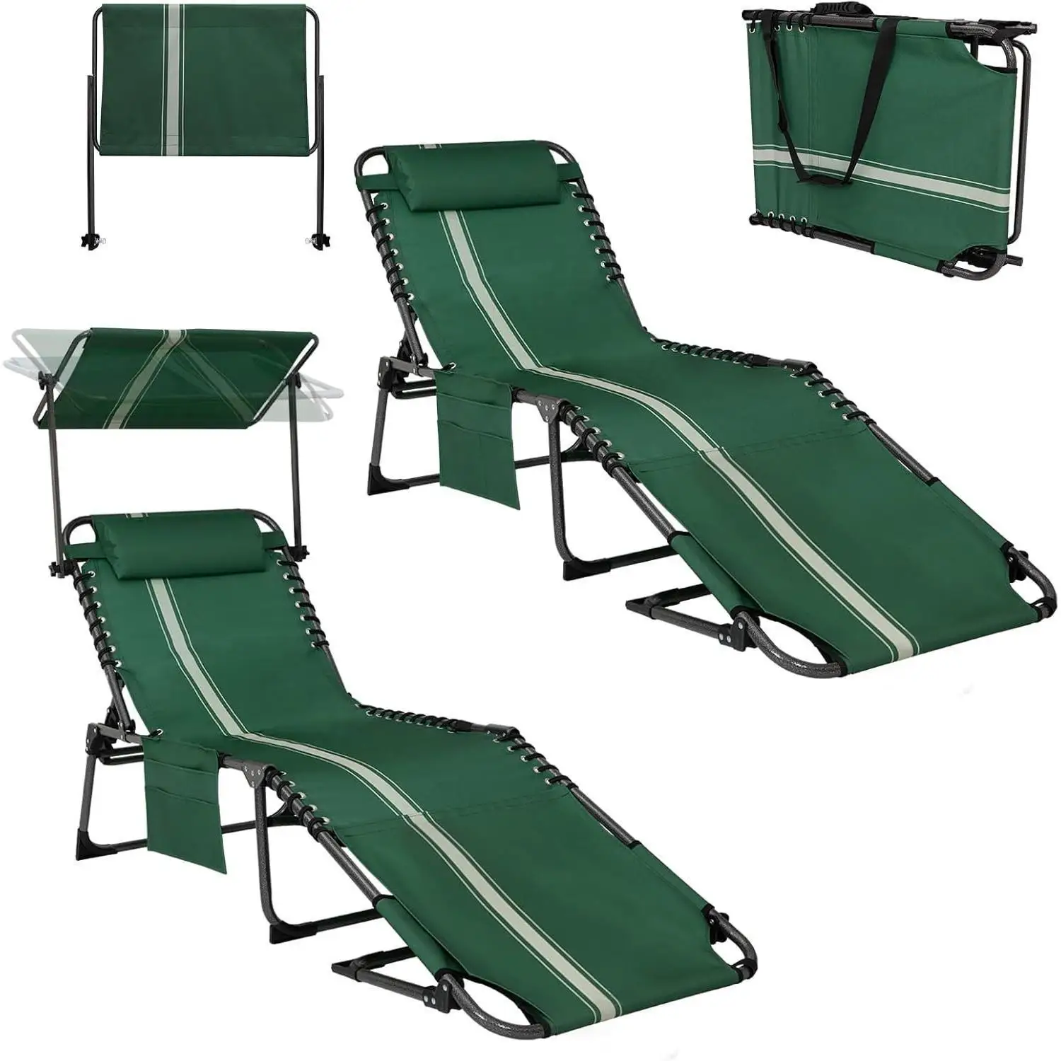 2 Pack Lounge Chair Outdoor with Canopy & Face Hole, Adjustable 5-Position Folding Chaise Tanning Recliner Portable ComfyChaiser