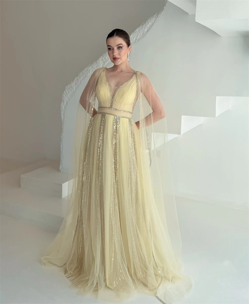 

Customized Formal Yellow Tulle Evening Dress Fashion V-Neck Watteau Train Homecoming Dresses Sweep Train Vestido De Festa