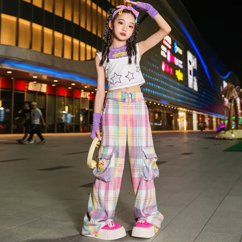 

Girls Hip Hop Jazz Clothes Sets Letter Star Print Crop Top + Loose Plaid Pants Kids Children Performance Street Dance Costumes