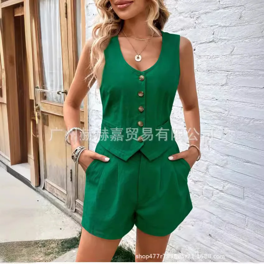 

Women Summer Suit Cotton Shorts Sets For Women 2 Pieces Sexy Sleeveless Single Breasted Vest Top + Shorts Suit Elegant Tracksuit
