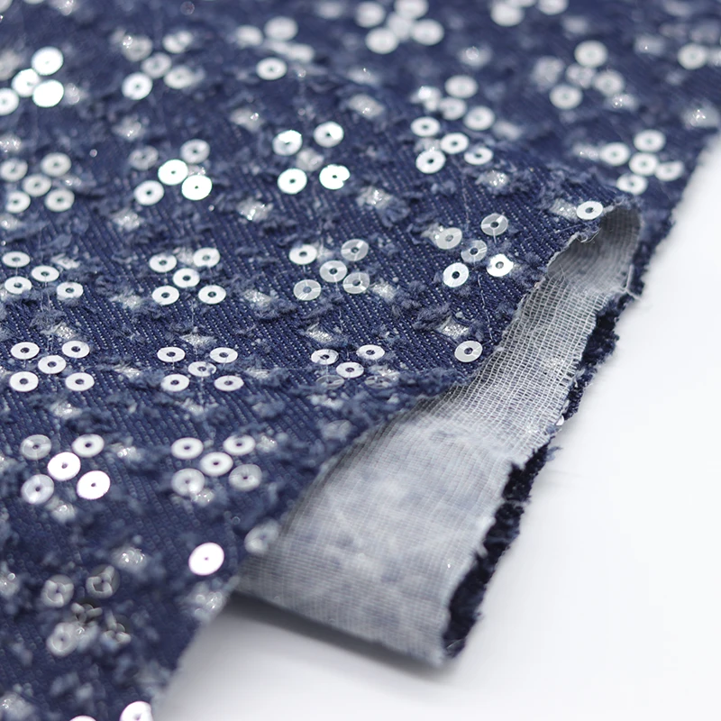 Water Washed Embroidered Denim Fabric Sequins Thickened for Coat Bag Pure Cotton Material Designer Diy Sewing Wholesale Cloth