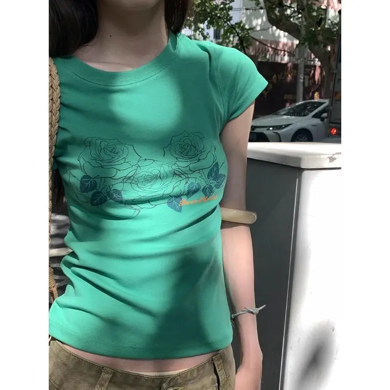 Kimotimo Summer Print Short Sleeve T-shirts Women American Retro Slim Fit Chic Crop Top Round Neck Casual Versatile Y2k Tees Ins