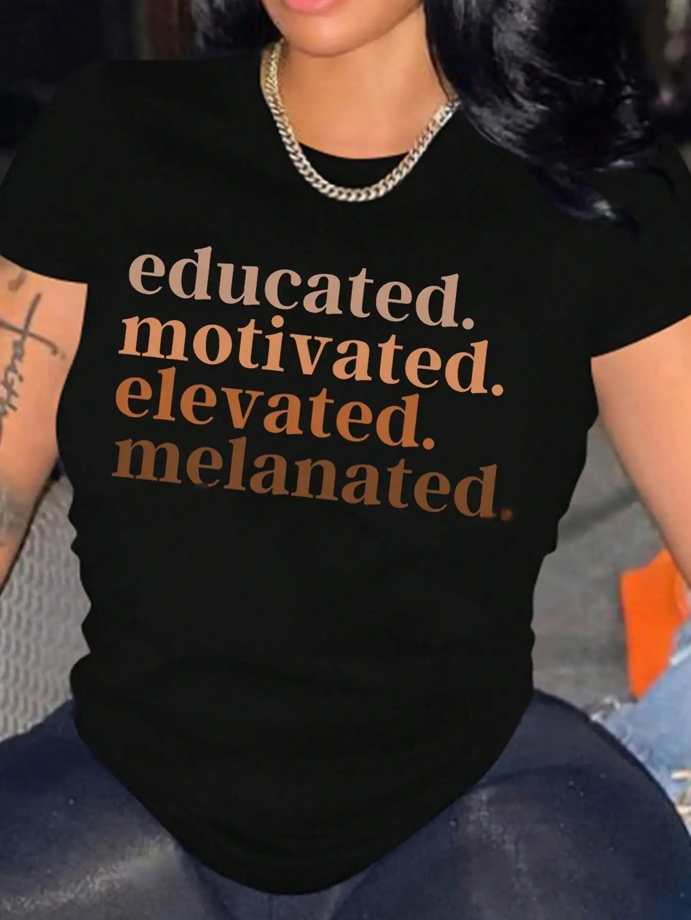 

Educated Motivated Elevated Melanated T-Shirt for Women, 100% Cotton Casual Print Crew Neck Short Sleeve