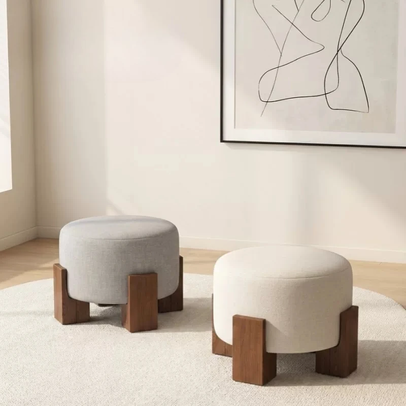 Nordic pine simple dressing stool leather round stool light luxury shoe change low stool