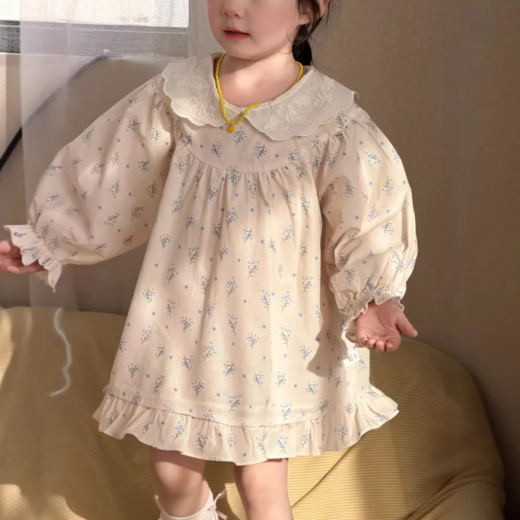 

2026 Spring New Kids Girls Long Sleeve Floral Dress Cotton Loose Children Casual Dress Baby Girl Sweet Lapel Princess Dress