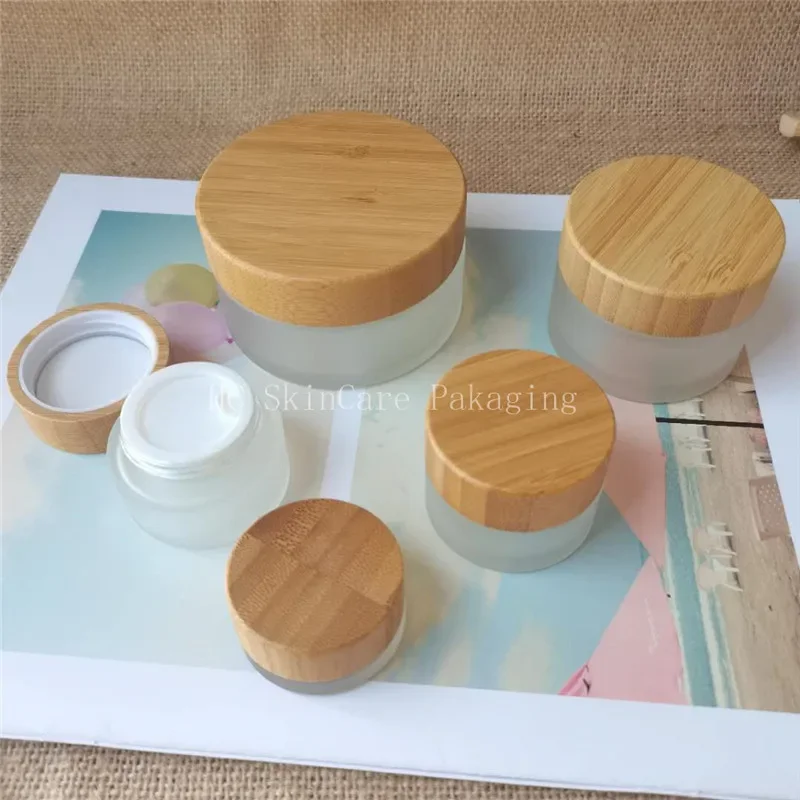 

wholesale cosmetic containers Empty Frosted Clear Glass Bamboo Lid Jars Wooden Face Cream Jar Face Skin care Cream Container