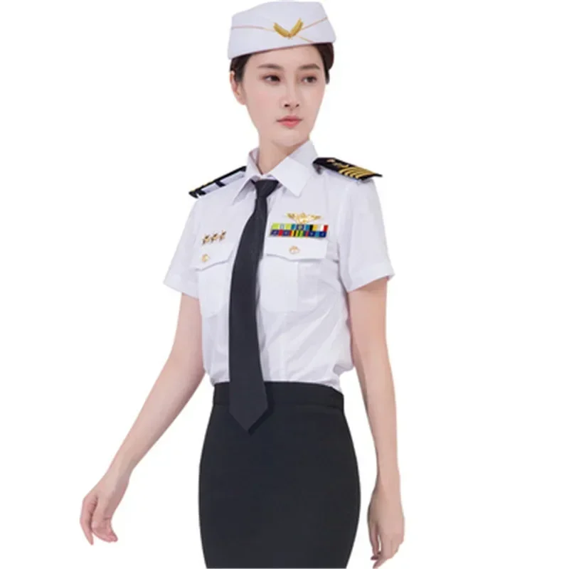 Summer White Shirt Office Lady Captain Sailor Tops Aviation Uniform Stewardess Professional Slim Performance Dress For Cosplay