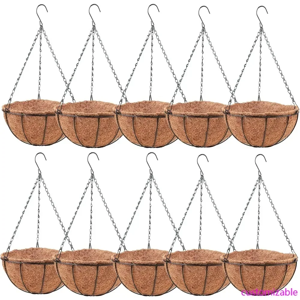 Extra Large Outdoor Hanging Planters (16 Inch) - 10 Pack with Coco Liners and Round Metal Wire Frame