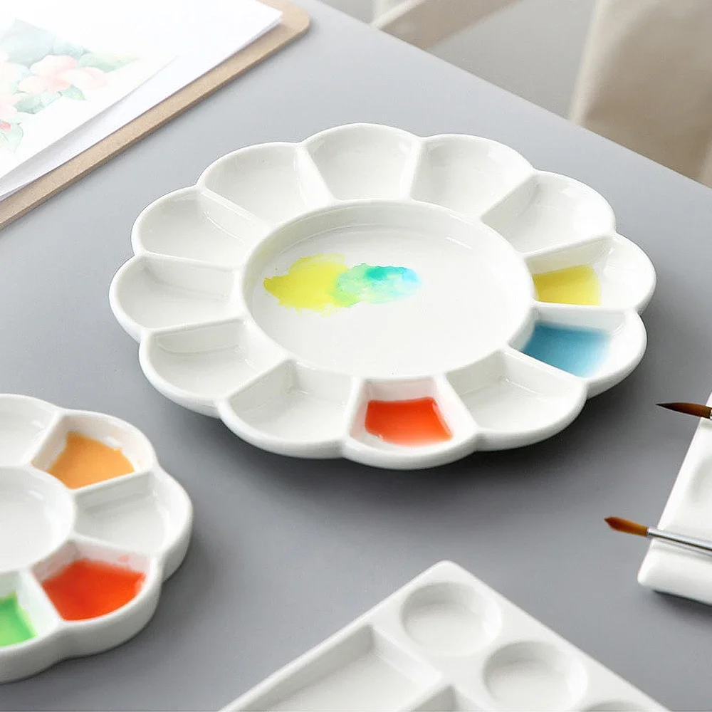 9/13/14-Well Porcelain Watercolor Paint Ceramic Palette, Mixing Palette Watercolor Tray Dish Gouache for Arts Painting Supplies