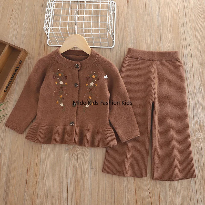 Vintage Knit Embroidered Cardigan and Straight Pants Set for Baby Girls Autumn Winter Outfit 80-130cm