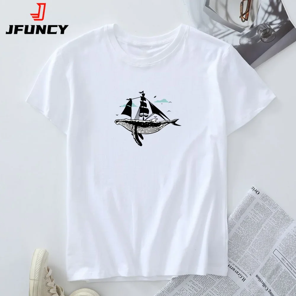 Short Sleeve T-shirt 100% Cotton Women's Tees Oversize Summer Tops Woman Clothing Female Tshirt Whale Sailboat Graphic T Shirts