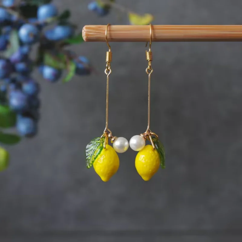 Czech glass lemon earrings，Light weight fruit food earrings can love Kawaii earrings Pastoral earrings for her birthday present