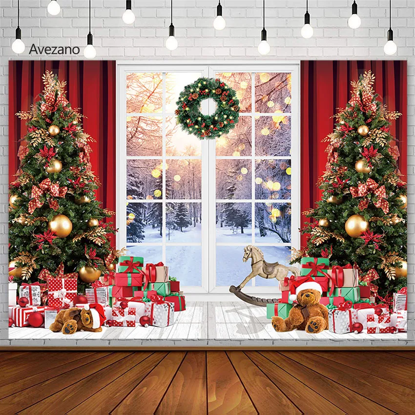 

Christmas Backdrop Window Wreath Gift Bear XmasTree Winter Family Portrait Photo Props Photography Background Decoration