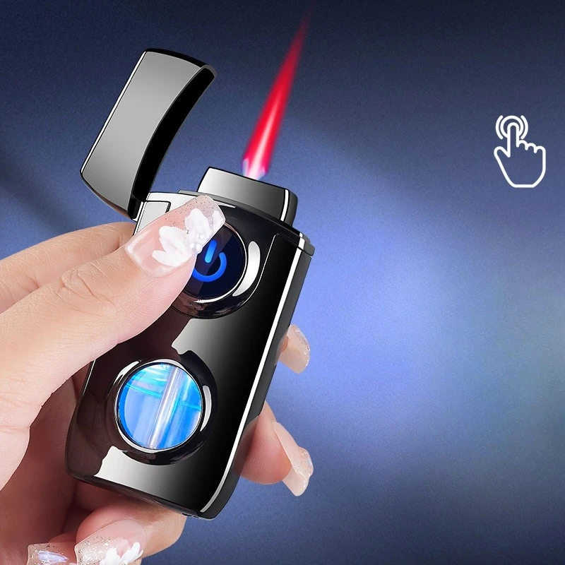 Butane Gas Torch Lighter Metal Inflatable Belt with Visible Air Window Touch Sensitive Red Flame Windproof Cigarette Lighters