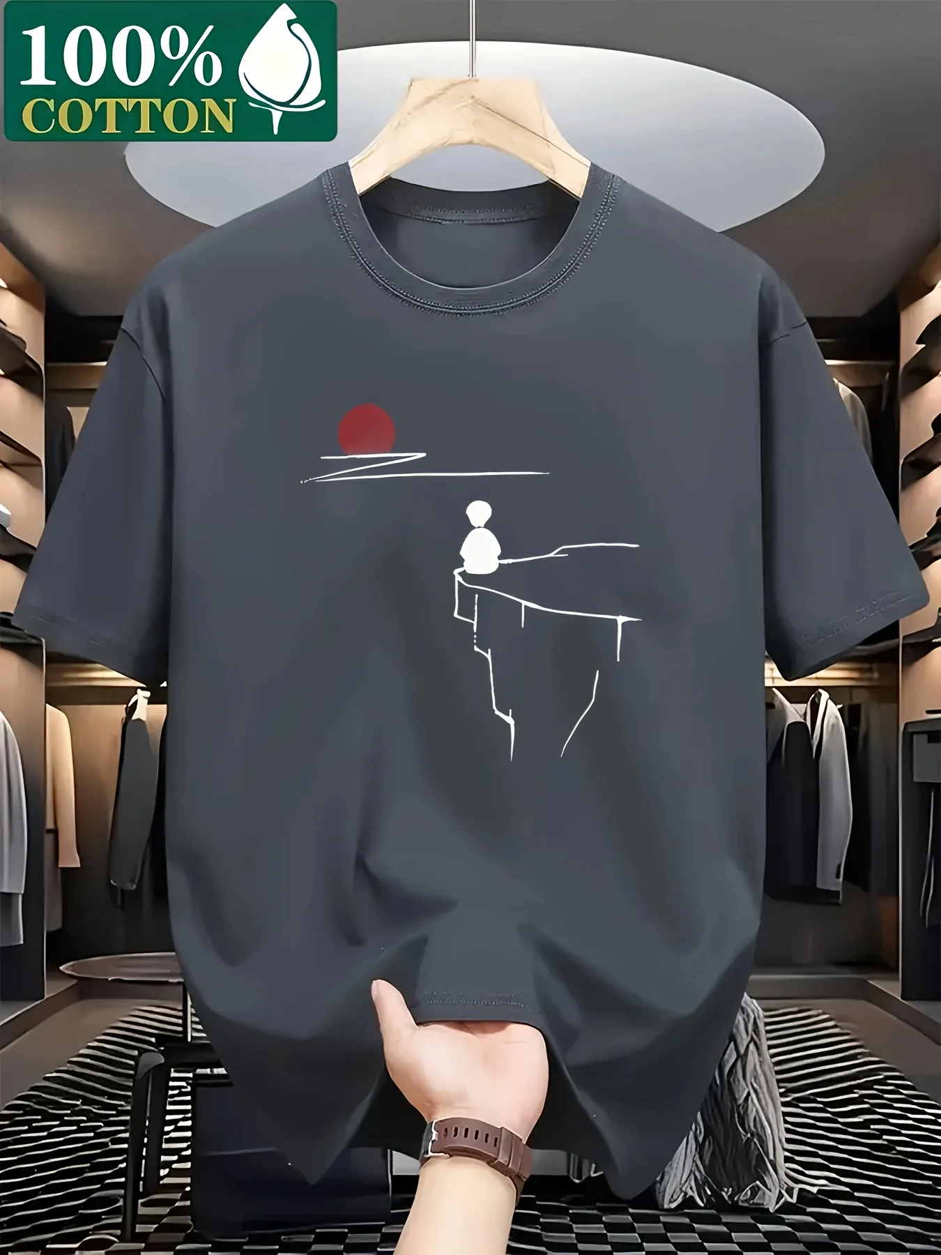 Herren Sommer T-Shirt aus 100% Baumwolle mit Sonnenaufgang-Muster, Weicher Rundhals-Kurzarm-Pullover, Lässige Einfache Mode