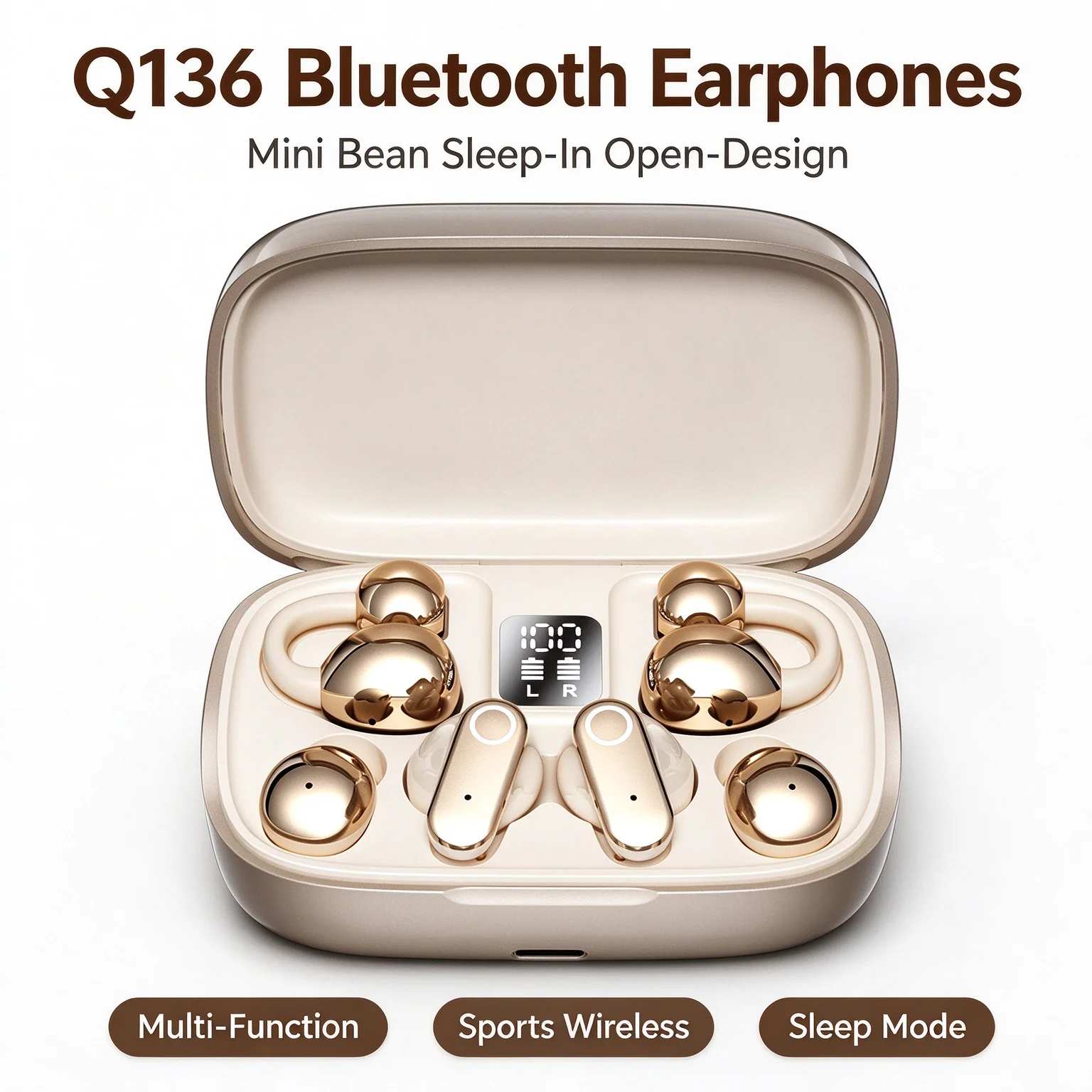 Q136 Bluetooth Earphones 3in1 Mini Bean Sleep-In Open-Design Multi-Function Sports Wireless Earbuds with Sleep Mode