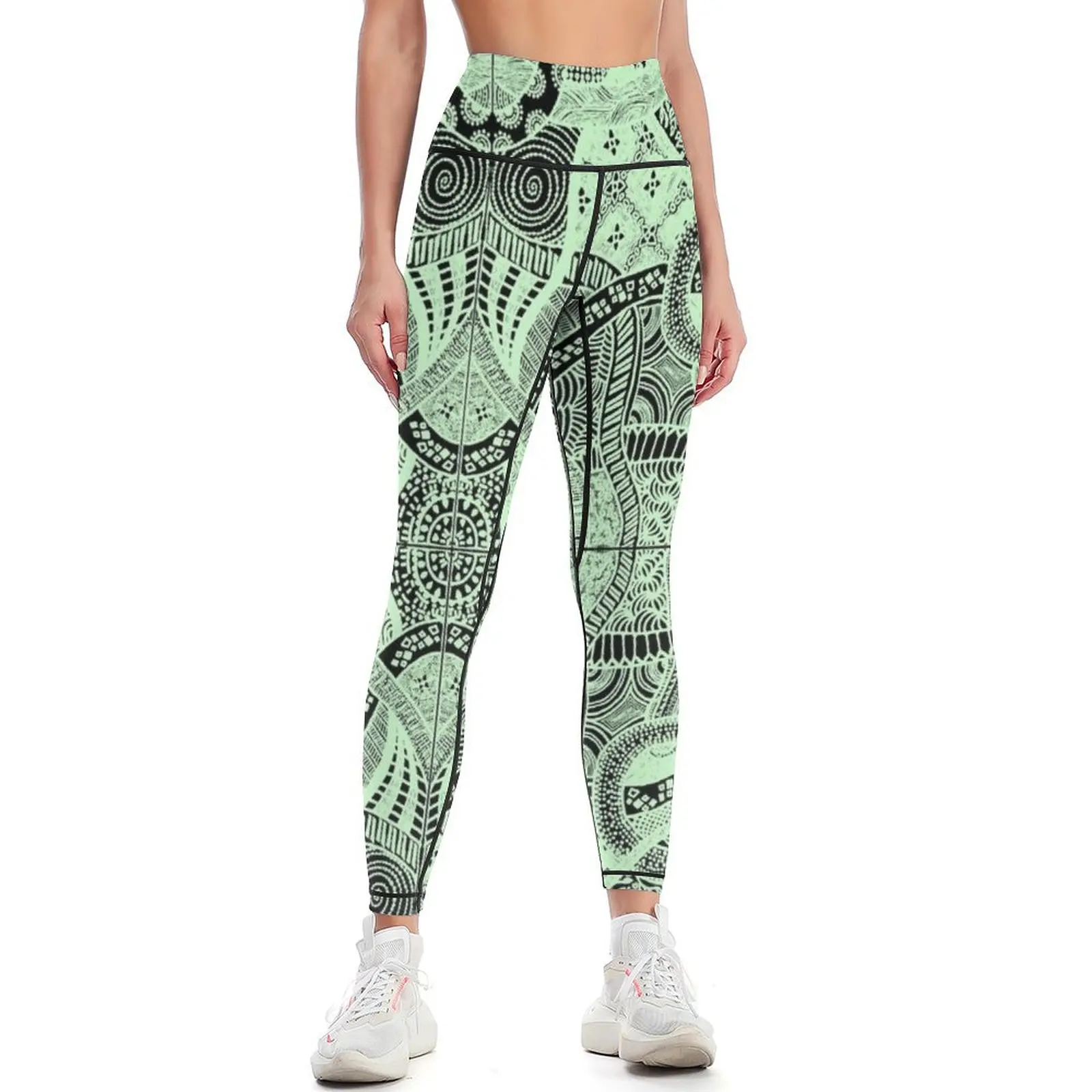 Green Loops Over Black Abstract Hyperdetailed Zentangle Pattern Leggings push up fitness Women's push up Womens Leggings