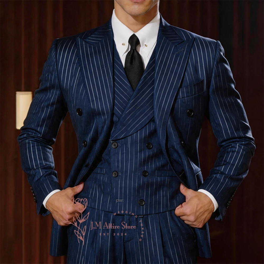Men’s Suit Grey Pinstripe 3pcs Set Double-Breasted Jacket Vest Pants Tailored Fit Custom Made for Business Casual Wedding Party