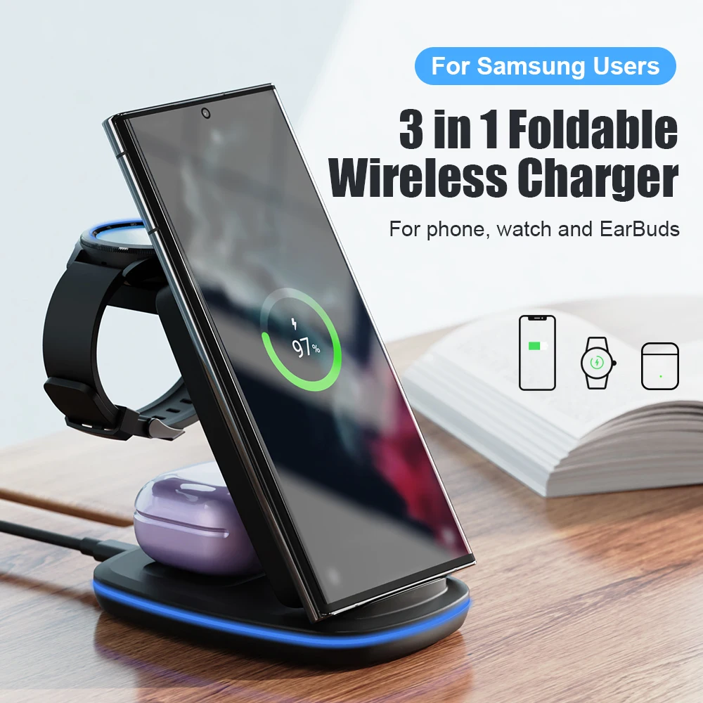 3 in 1 Wireless Charger Stand For Samsung Galaxy Watch 5 4 Active 2/1 15W Fast Charging Dock Station For Samsung S21/S20 Charger