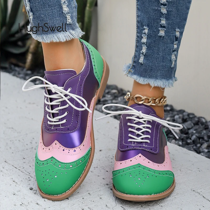 Purple Color Mixed Brogue Shoes Woman Lace Up Oxford Dress Flat Zapatos Ladies Flower Print British Derby Footwear