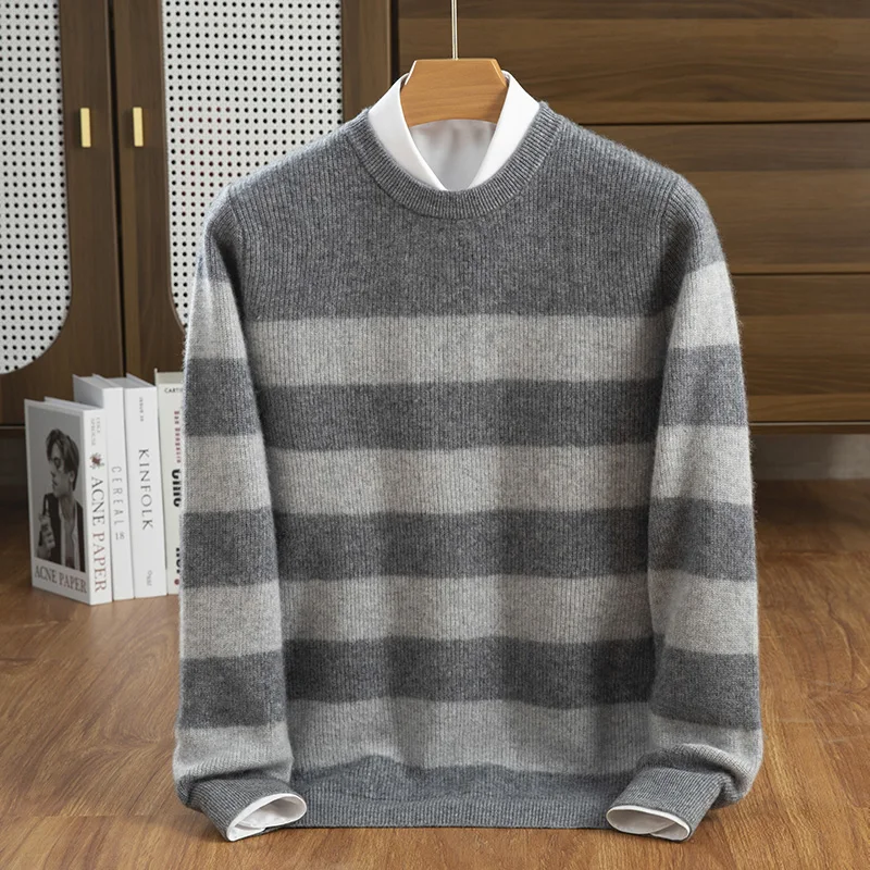 2024 Autumn And Winter New 100% Cashmere Men's Round Neck Color Blocked Striped Versatile Temperament Men's Sweater